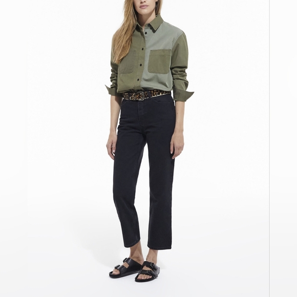 The Kooples Two-Tone Patchwork Cotton Denim Shirt Front Pockets Khaki Olive Sz S - Picture 6 of 11